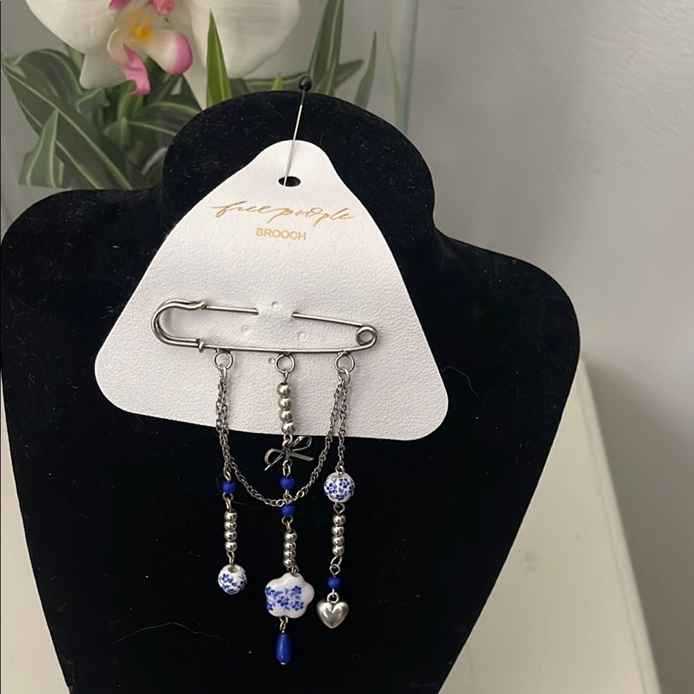 Free People Silver and Blue Bead and Chain Brooch